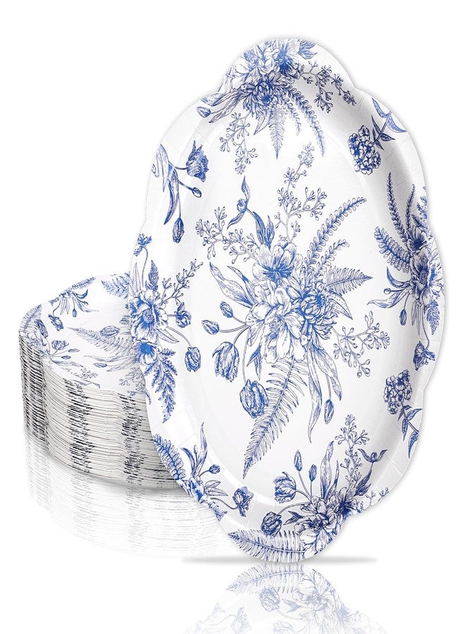 FYSUIMU 50 Pcs Blue Floral Paper Plates Vintage Chinoiserie Flowers Scalloped Disposable Plates 12 x 10 Inch Dinner Dessert Tableware Plate for Wedding Birthday Bridal Baby Shower Tea Party Supplies - Image 1