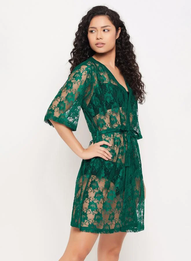 Clovia Lace Sheer Robe with Tie Belt by Styli