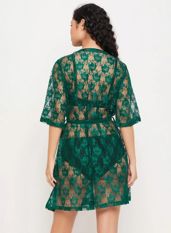 Clovia Lace Sheer Robe with Tie Belt by Styli