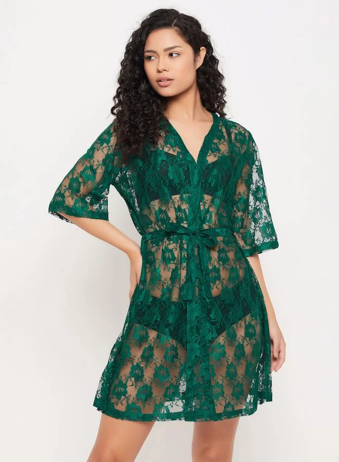 Clovia Lace Sheer Robe with Tie Belt by Styli