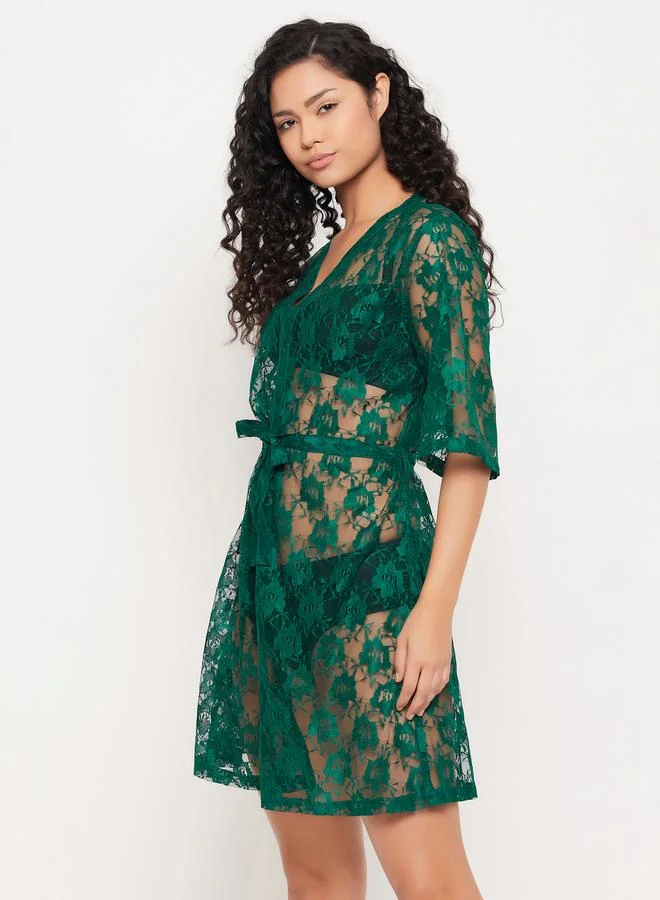 Clovia Lace Sheer Robe with Tie Belt by Styli