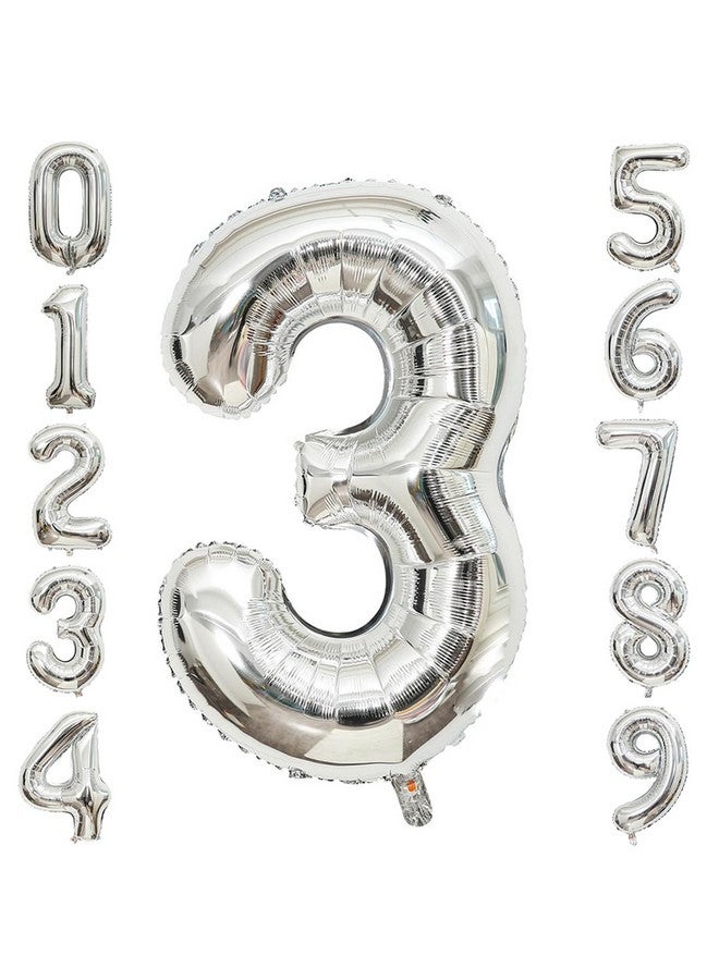BBPOOL 3 Number Balloons Silver 3 Balloons Number 40 Inch Number 3 Foil Mylar Balloons for 3 Birthday Anniversary Events Party - Image 1