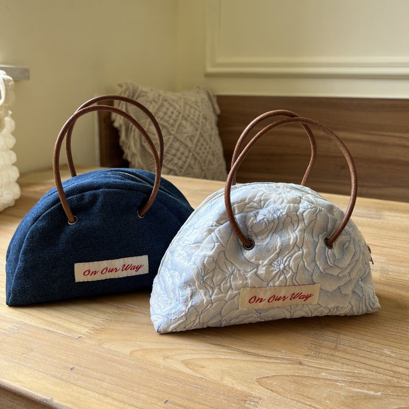 Ins Retro Japanese Style Cute Niche Semi-Round Leather Strap Handbag Zipper Storage Bag Student Denim Handbag - Image 5