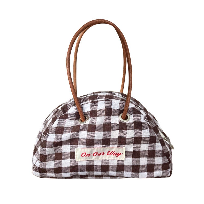 Ins Retro Japanese Style Cute Niche Semi-Round Leather Strap Handbag Zipper Storage Bag Student Denim Handbag - Image 1