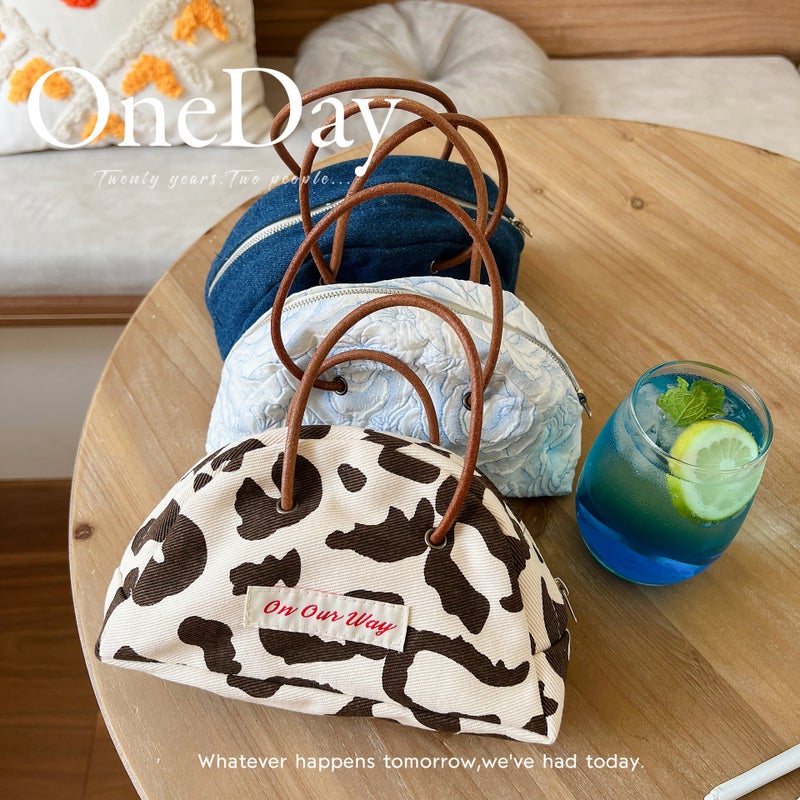 Ins Retro Japanese Style Cute Niche Semi-Round Leather Strap Handbag Zipper Storage Bag Student Denim Handbag - Image 4