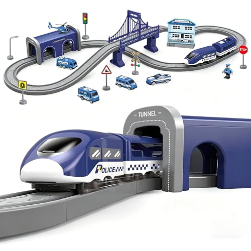 Wdmiya Train Sets for Toddlers 66 Pcs Trains Toy with Battery Operated Tracks Magnetic Connection Compatible with Thomas Brio Christmas Toy Gifts for 3 4 5 6 7 8 Years Old Police - Image 1