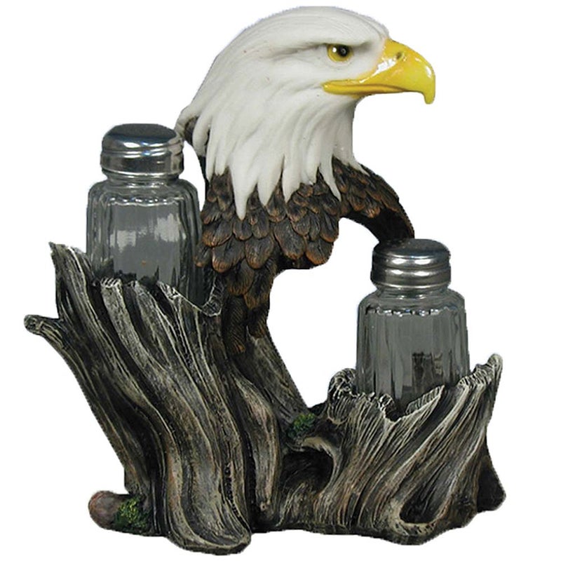 Bald Eagle Glass Salt and Pepper Shakers with Decorative Figurine Display Stand Set for American Patriotic Bar and Kitchen Dcor or Rustic Lodge Tabletop Decorations and Wildlife Bird Gifts