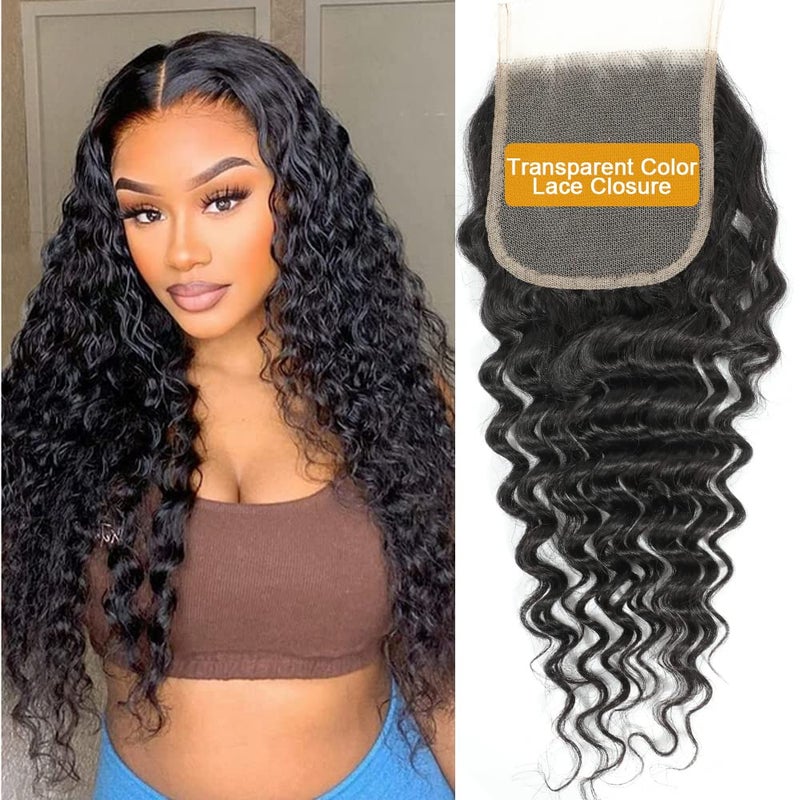 QTHAIR QTHAIR 20inch HD Closure Deep Wave Closure Human Hair 14A Transparent HD Lace Closure Brazilian Virgin Remy Human Hair Deep Wave HD Lace Frontal Closure Pre Plucked with Baby Hair Natural Black Color 