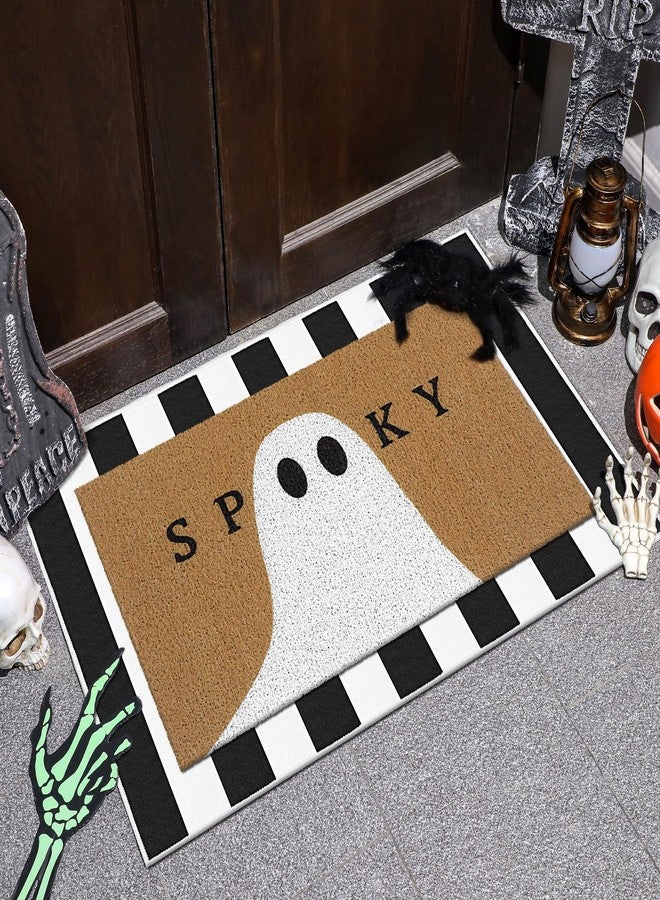 Tinideya 2 Pcs Halloween Doormat Spooky Ghost Outdoor Welcome Mats for Front Door Non Slip Ghost Coir Floor Mat Black White Stripe Halloween Rug for Outside Front Porch Entryway Decor - Image 2