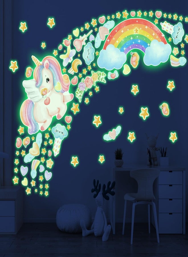 Robmoda Large Unicorn and Rainbow Wall Decals Glow in The Dark, Cute Stars Stickers for Baby Girls Room, Luminous Ceiling Decor for Bedroom Playroom Nursery - Image 2