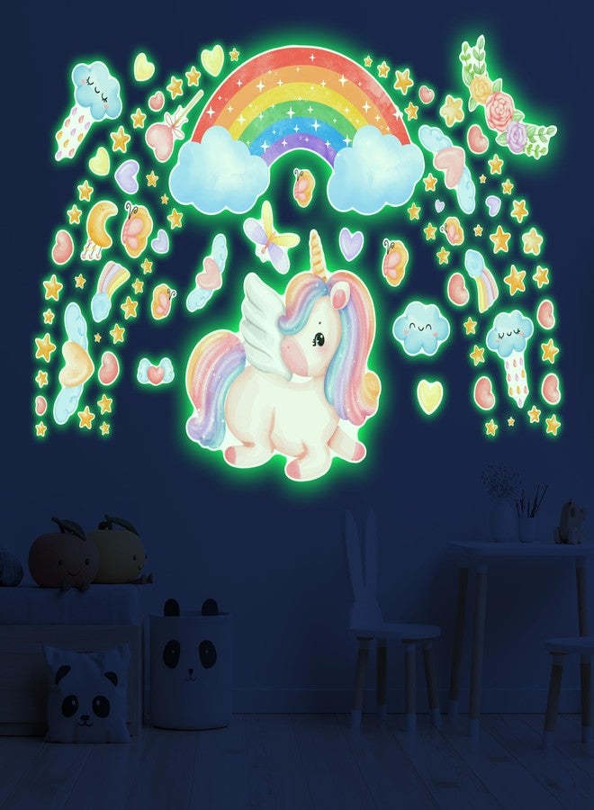 Robmoda Large Unicorn and Rainbow Wall Decals Glow in The Dark, Cute Stars Stickers for Baby Girls Room, Luminous Ceiling Decor for Bedroom Playroom Nursery - Image 1