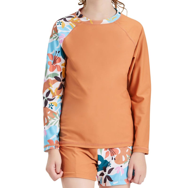 KID1234 Girls Long Sleeve Swimsuits 2 Pieces Set Rash Guard Swimwear Quick Dry Surfing Wetsuit for Kids Bathing Suit Dark Orange 7-8 Years - Image 1