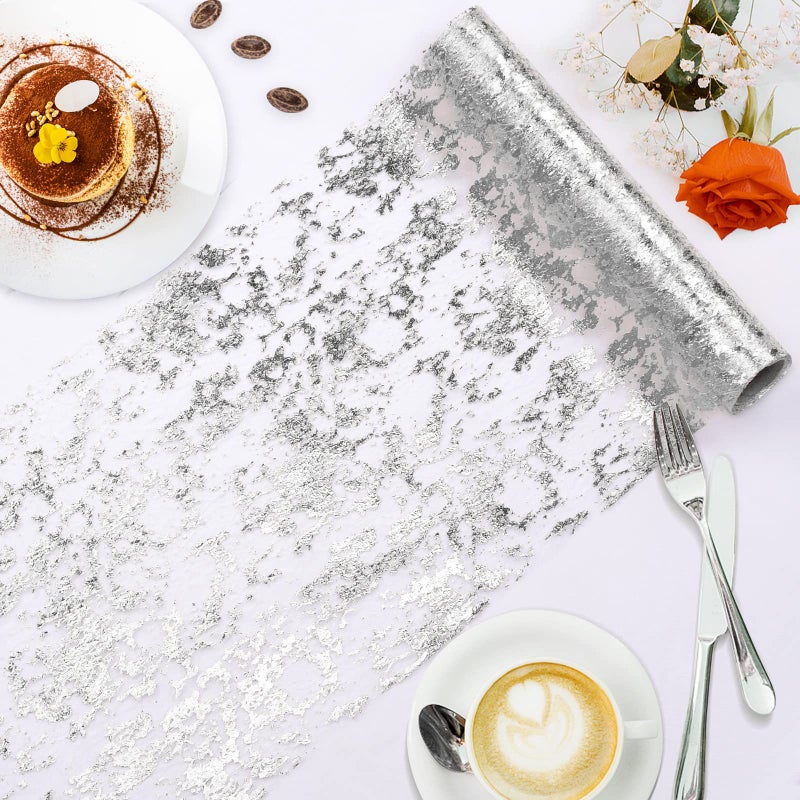 tiosggd Silver Table Runner 11x192 Sequin Glitter Metallic Foil Thin Mesh Table Runners Roll Silver Party Suppliers for Wedding Birthday Bridal Baby Shower Bachelorette Summer Table Decorations