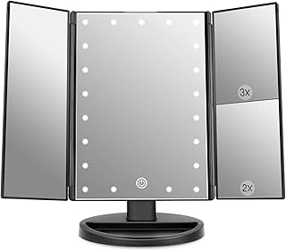 WEILY Makeup Vanity Mirror with 21 Led Lights, Trifold Dual Power Magnifying LED Lighted Cosmetic Mirrors (Black) - Image 1
