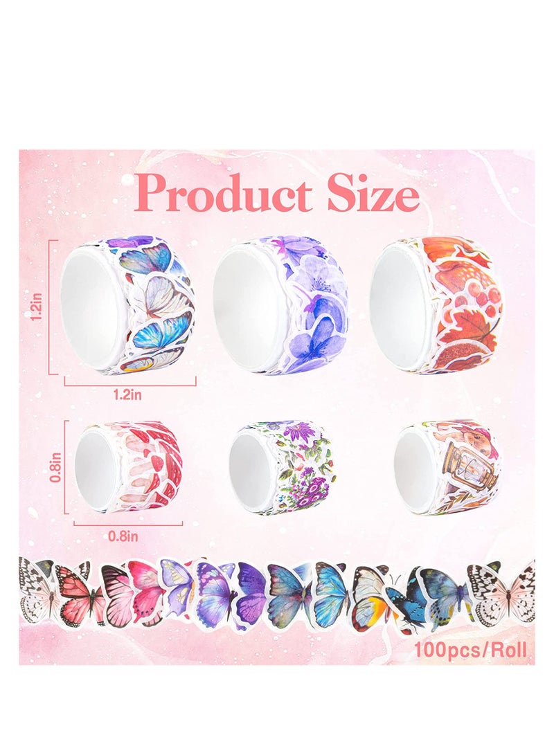 Excefore 600pcs Washi Tape Stickers Roll, 6 Roll Vintage Washi Tape, Decorative Butterfly Flower Animal Leaves Mushroom, Scrapbook Stickers for Art DIY Diary Planner, Colorful Aesthetic Stickers - Image 4