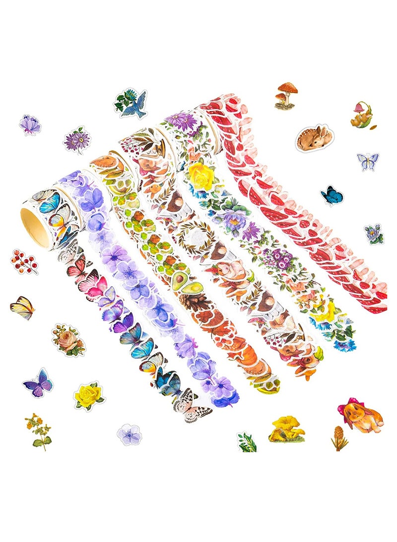 Excefore 600pcs Washi Tape Stickers Roll, 6 Roll Vintage Washi Tape, Decorative Butterfly Flower Animal Leaves Mushroom, Scrapbook Stickers for Art DIY Diary Planner, Colorful Aesthetic Stickers - Image 1