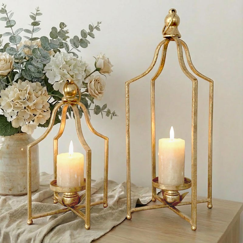 Fenisam 12.5" & 16.5" Timeless Cozy Decorative Lanterns Set of 2, Handcrafted Metal Iron Candle Holders, Farmhouse Elegance Fireplace Mantel Table Festive Gatherings Decor (Antique Gold) - Image 1