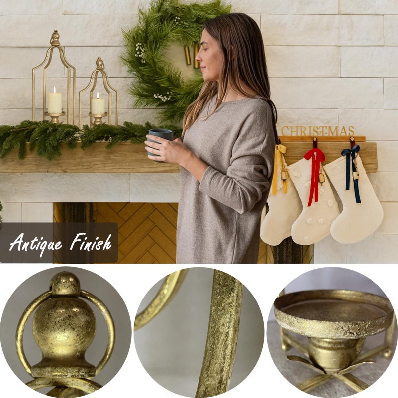Fenisam 12.5" & 16.5" Timeless Cozy Decorative Lanterns Set of 2, Handcrafted Metal Iron Candle Holders, Farmhouse Elegance Fireplace Mantel Table Festive Gatherings Decor (Antique Gold) - Image 2