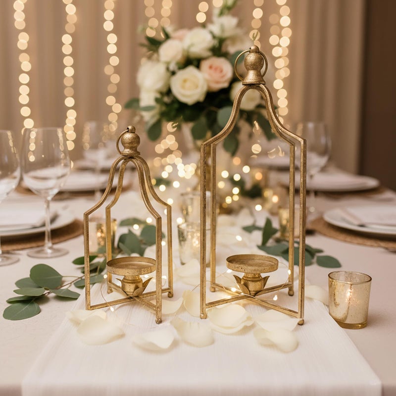 Fenisam 12.5" & 16.5" Timeless Cozy Decorative Lanterns Set of 2, Handcrafted Metal Iron Candle Holders, Farmhouse Elegance Fireplace Mantel Table Festive Gatherings Decor (Antique Gold) - Image 4