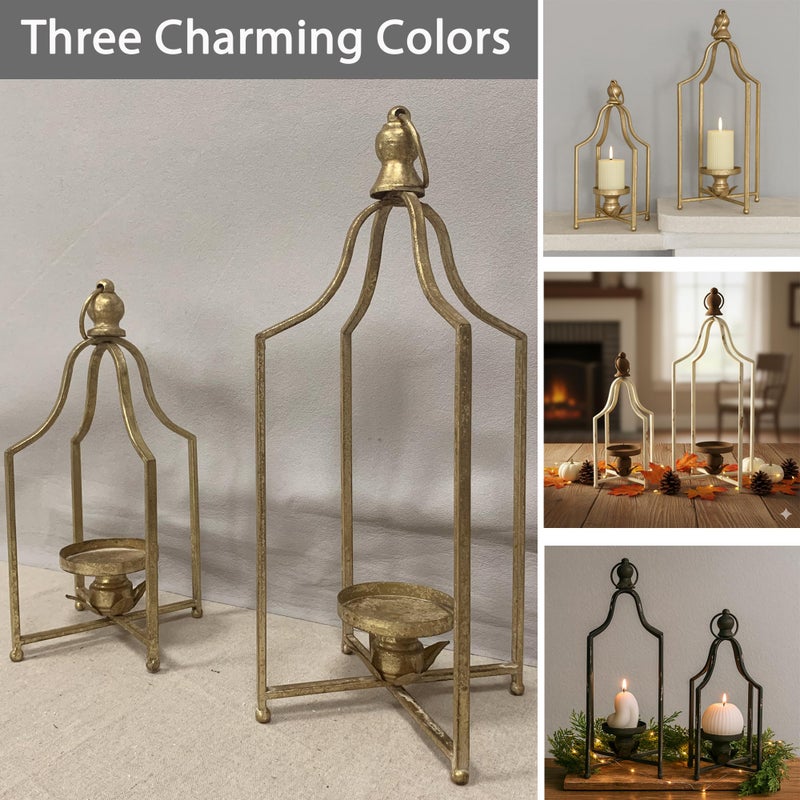 Fenisam 12.5" & 16.5" Timeless Cozy Decorative Lanterns Set of 2, Handcrafted Metal Iron Candle Holders, Farmhouse Elegance Fireplace Mantel Table Festive Gatherings Decor (Antique Gold) - Image 3