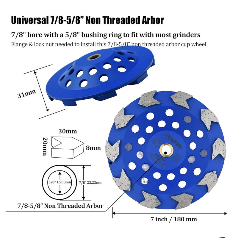 ACTINTOOL 7 in. x 7/8-5/8 in. Non Threaded 10 Pcs Arrow Segments Grinding Cup Wheel for for Concrete Epoxy Glue Mastic Paint and Coating Removal(7/8"-5/8" Non-Threaded) - Image 4