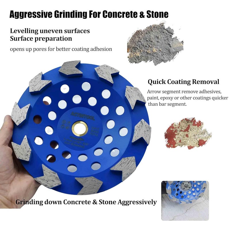 ACTINTOOL 7 in. x 7/8-5/8 in. Non Threaded 10 Pcs Arrow Segments Grinding Cup Wheel for for Concrete Epoxy Glue Mastic Paint and Coating Removal(7/8"-5/8" Non-Threaded) - Image 2