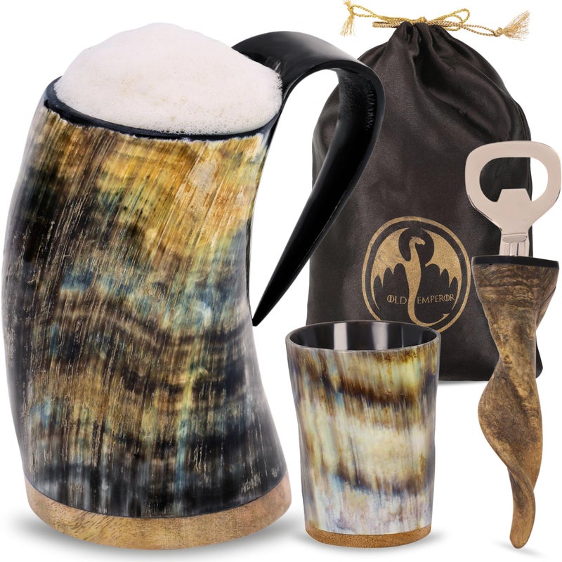 OLDEMPEROR Viking Drinking Horn Mug 1620oz Shot Glass and Bottle Opener Ultimate Unique Viking Gift for Men  Women  Food Grade Medieval Style Plain