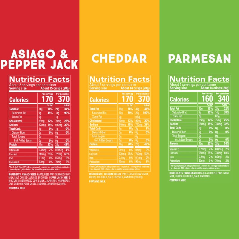 Whisps Cheese Crisps Variety Pack | Protein Chips | Healthy Snacks | Protein Snacks, Gluten Free, High Protein, Low Carb Keto Food | Parmesan, Cheddar Cheese, Asiago, Pepper Jack (2.12 Oz, 6 Pack) - Image 3