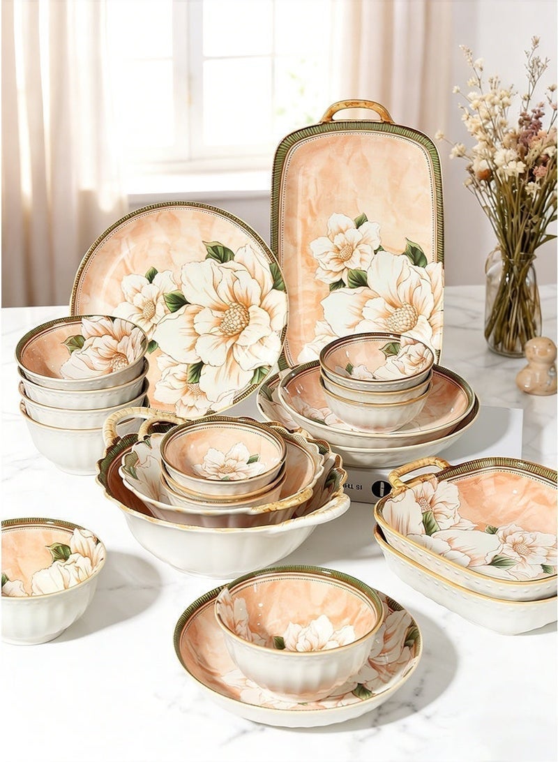 جميسون طقم أواني طعام 21 قطع طقم أواني عشاء بتصميم زهور حديقة على الطراز الياباني بتصميم فاخر وأنيق ومثالي بتصميم رائع وزهور ملونة أصلية - Image 1