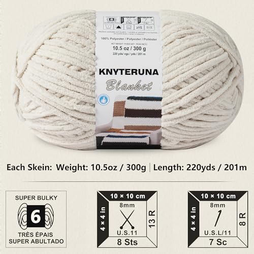 Knyteruna #6 Super Bulky Blanket Yarn for Crocheting - 4 Skeins(Each 10.5oz/300g, 220yds/201m), Chunky Chenille Thick Plush Big Soft Yarn for Crocheting Knitting Blankets, Beige White - Image 2