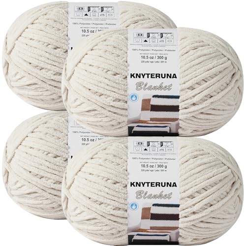 Knyteruna #6 Super Bulky Blanket Yarn for Crocheting - 4 Skeins(Each 10.5oz/300g, 220yds/201m), Chunky Chenille Thick Plush Big Soft Yarn for Crocheting Knitting Blankets, Beige White - Image 1