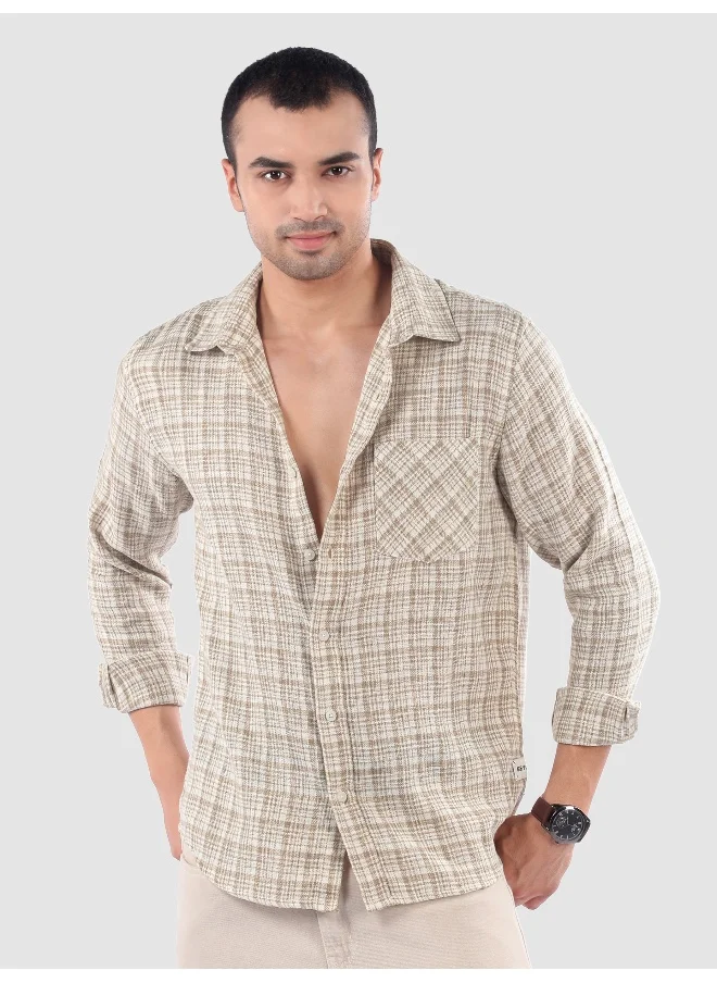 Beyoung Beige Busy Check Cotton Shirt