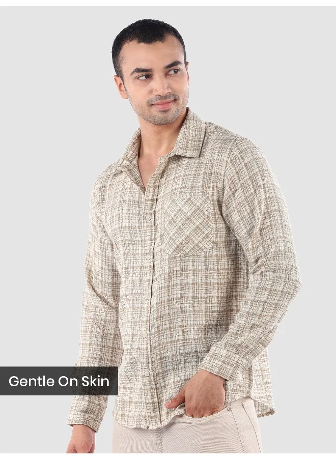 Beyoung Beige Busy Check Cotton Shirt