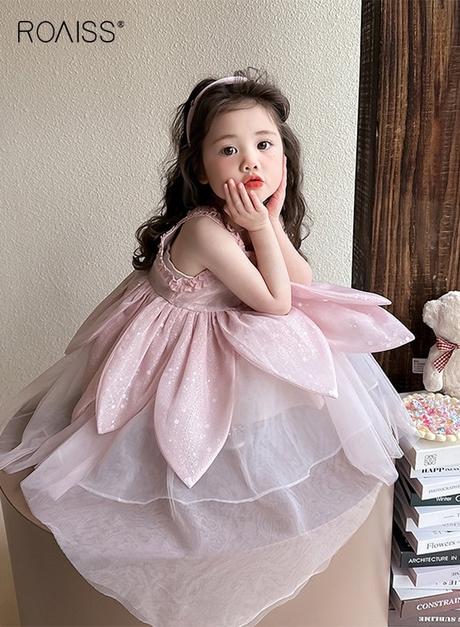 رويس فستان من التول للطفلة الصغيرة، فستان بدون أكمام بتصميم بتلات مطرزة، فستان كاجوال أنيق، فستان صيفي بقصّة A، فستان صيفي بقصّة A، مناسب للشاطئ أو السفر أو الزفاف أو أي مناسبة - Image 4