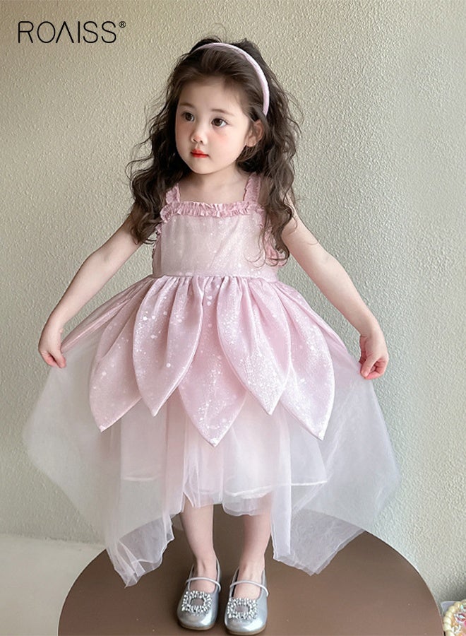 رويس فستان من التول للطفلة الصغيرة، فستان بدون أكمام بتصميم بتلات مطرزة، فستان كاجوال أنيق، فستان صيفي بقصّة A، فستان صيفي بقصّة A، مناسب للشاطئ أو السفر أو الزفاف أو أي مناسبة - Image 1