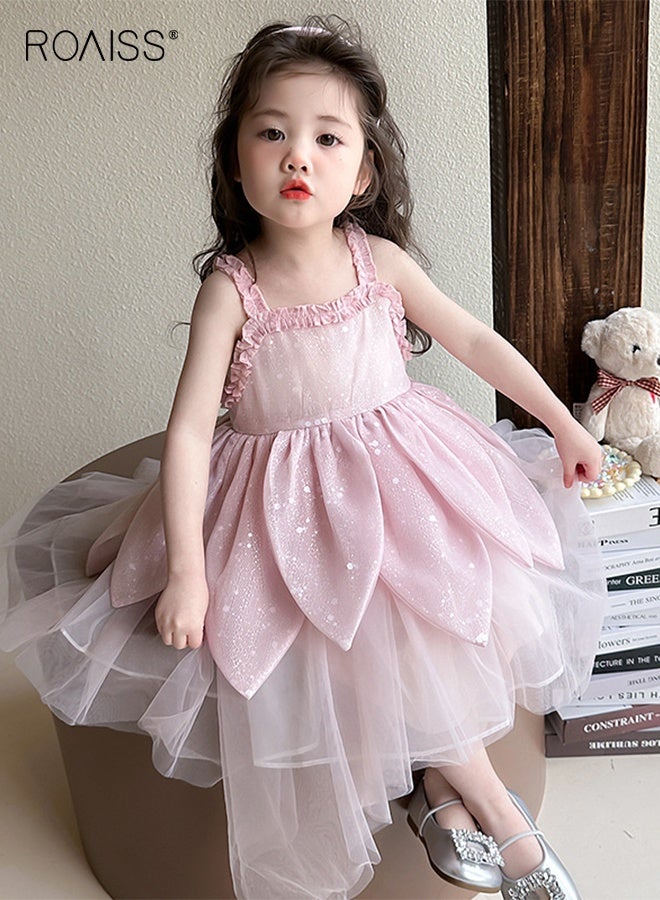 رويس فستان من التول للطفلة الصغيرة، فستان بدون أكمام بتصميم بتلات مطرزة، فستان كاجوال أنيق، فستان صيفي بقصّة A، فستان صيفي بقصّة A، مناسب للشاطئ أو السفر أو الزفاف أو أي مناسبة - Image 5