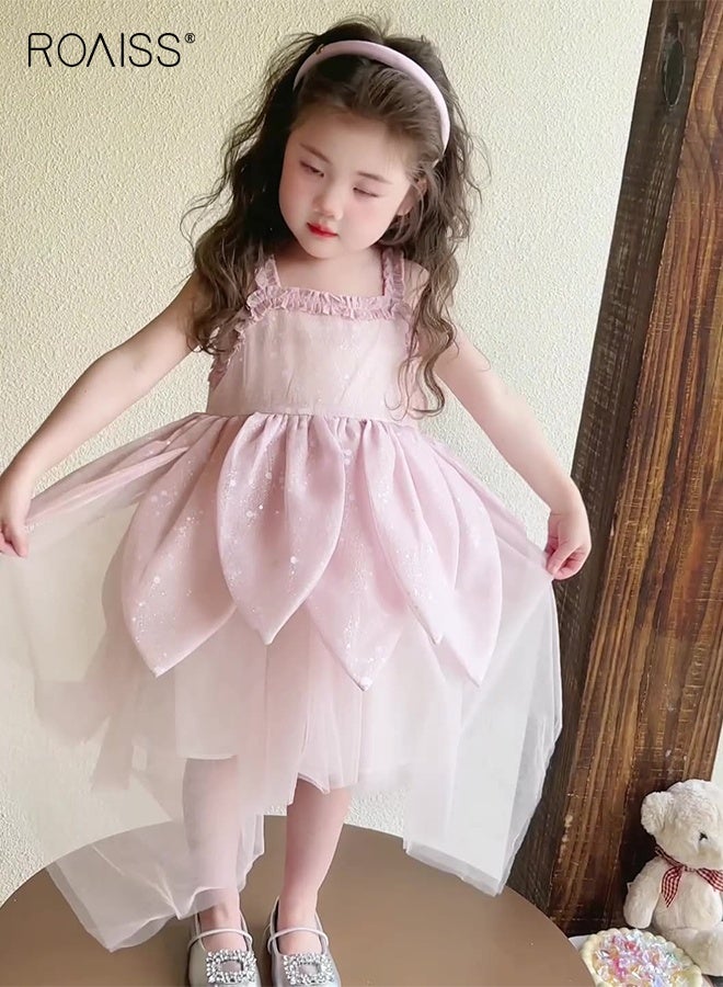 رويس فستان من التول للطفلة الصغيرة، فستان بدون أكمام بتصميم بتلات مطرزة، فستان كاجوال أنيق، فستان صيفي بقصّة A، فستان صيفي بقصّة A، مناسب للشاطئ أو السفر أو الزفاف أو أي مناسبة - Image 3