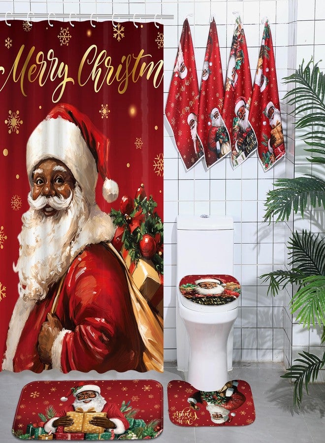 Honoson 8 Pcs Christmas Black Santa Claus Shower Curtain Set with Rugs and Kitchen Towels African American Christmas Bathroom Decor Black Santa Claus Shower Curtain Decorations Xmas Farmhouse Gifts - Image 1