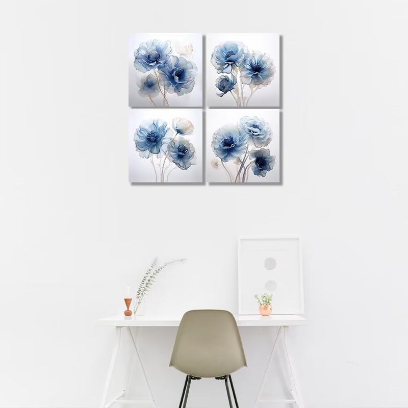 Wall HDQ Blue Flower Wall Art for Bathroom Bedroom Living Room Blue and White Wall Decor Floral Painting Canvas Print Picture for Home Decorations Framed Artwork Ready to Hang (12x12inchx4) - Image 5