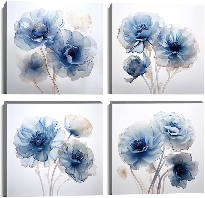 Wall HDQ Blue Flower Wall Art for Bathroom Bedroom Living Room Blue and White Wall Decor Floral Painting Canvas Print Picture for Home Decorations Framed Artwork Ready to Hang (12x12inchx4) - Image 1