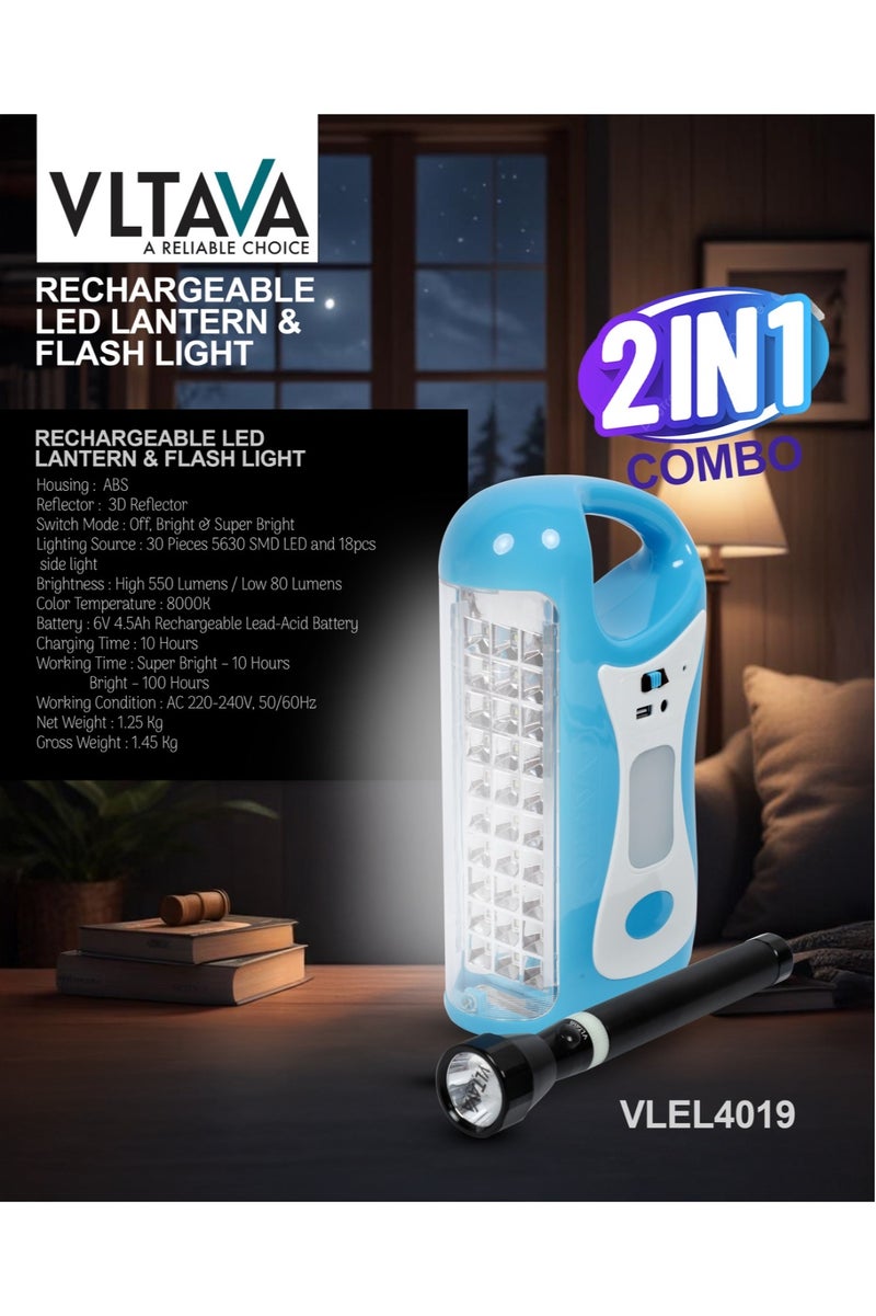 VLTAVA Rechargeable LED Lantern with Flashlight – 2-in-1 Emergency Light Combo, 10-Hour Backup, USB/Solar Charging, Power Bank Function - VLEL4019 - Image 2