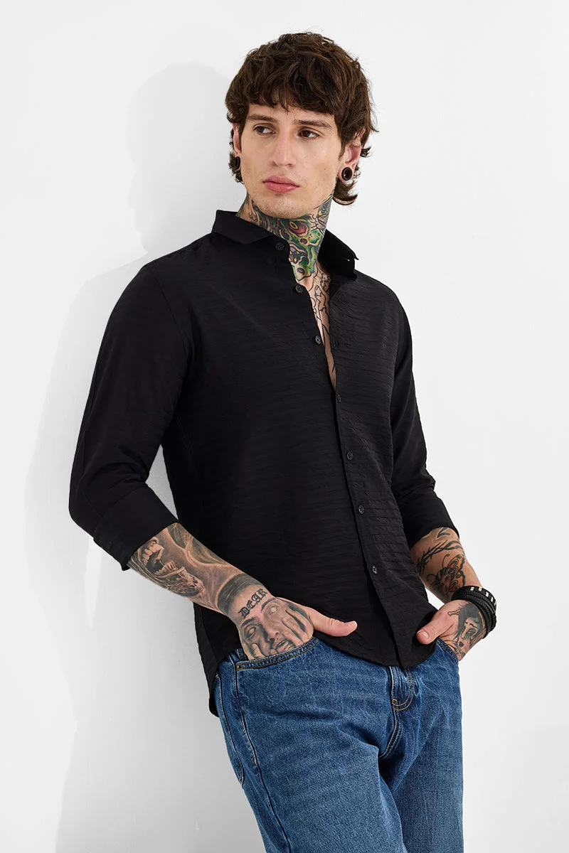 سنيتش Black Textured Long Sleeve Slim Fit Casual Shirt