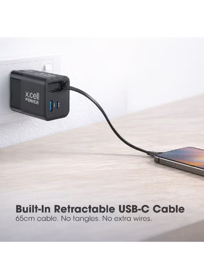 Xcell 65W GaN II USB-C Fast Charger with 65cm Retractable Cable, 3-Port Fast Charging (2 USB-C PD + USB-A QC 3.0), PPS Support, Compact Wall Charger for iPhone 16/17, Samsung & USB-C Devices, Black - Image 4