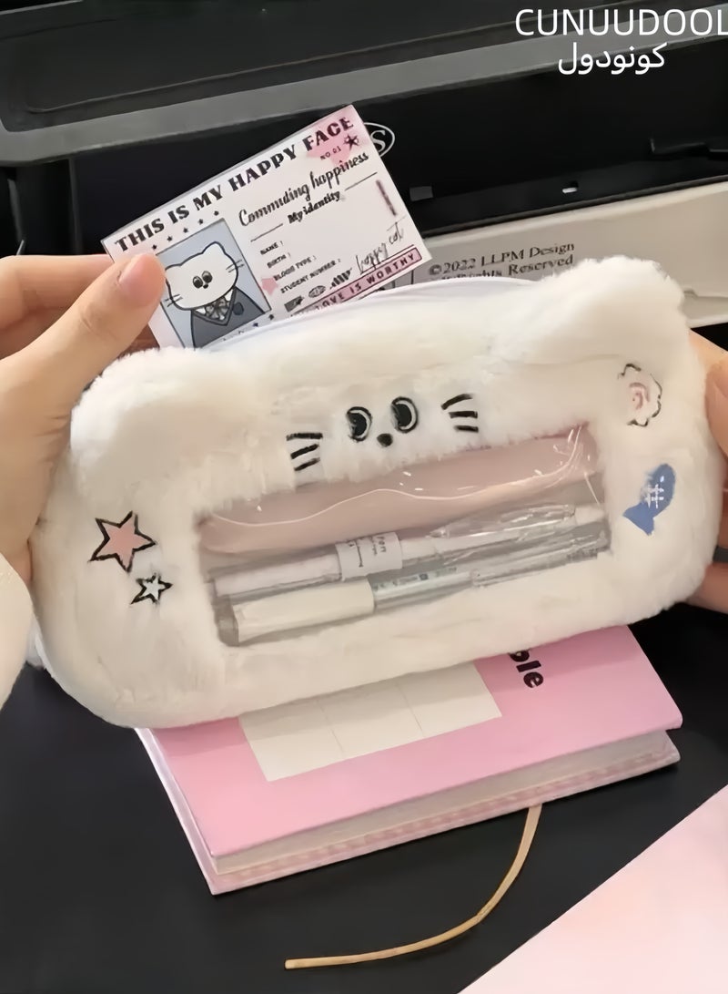 CUNUUDOOL Pencil Case For Girls, Pencil Pouch For Nice Gift, Large Capacity Cute Plush Cat Creative Design Suitable For Students,Including Pink Stars, Cat Ear Pattern Design,Pencil Pouch Box Nice Gift.  - Image 1