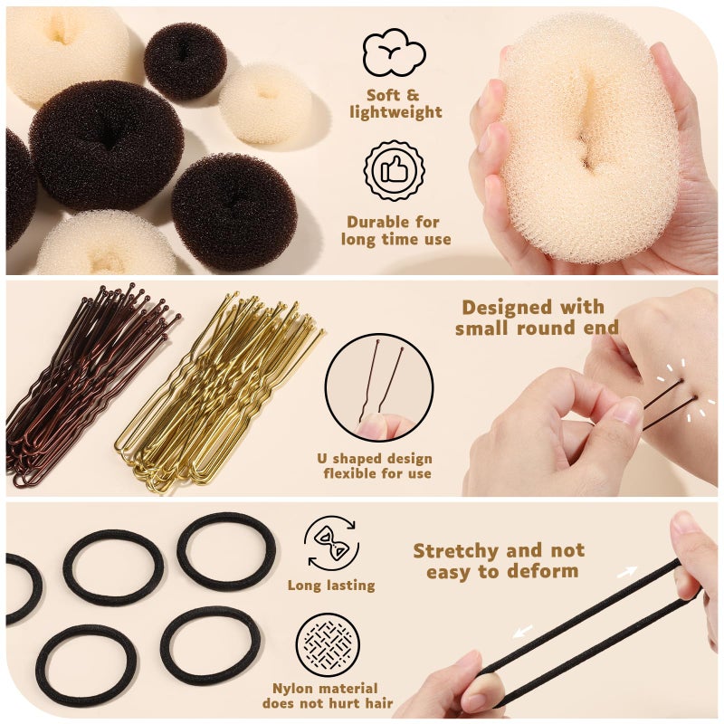 FANDAMEI Hair Bun Maker Set, Donut Bun Maker Set With 4pcs Dark Brown &4pcs Beige(2 extra-large,2 large,2 medium and 2 small), 5 pieces Hair Elastic Bands, 40 pieces Hair Bobby Pins (Brown and Gold) - Image 3