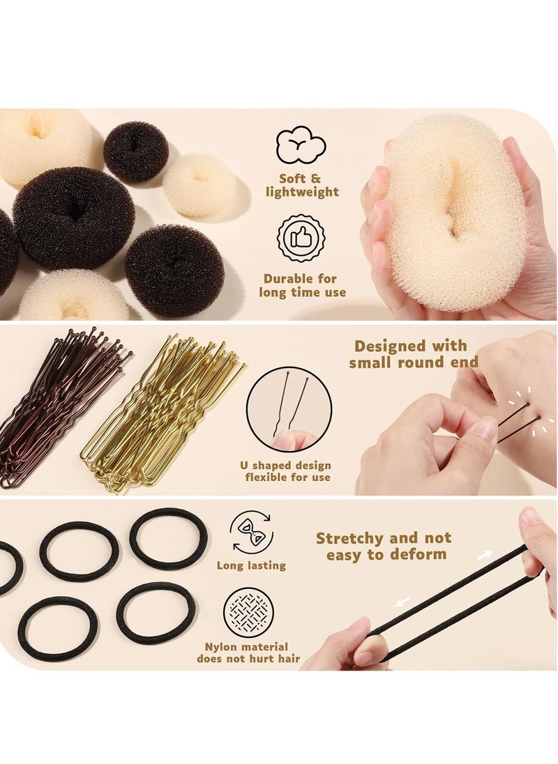 FANDAMEI FANDAMEI Hair Bun Maker Set, Donut Bun Maker Set With 4pcs Dark Brown &4pcs Beige(2 extra-large,2 large,2 medium and 2 small), 5 pieces Hair Elastic Bands, 40 pieces Hair Bobby Pins (Brown and Gold)  - Image 3