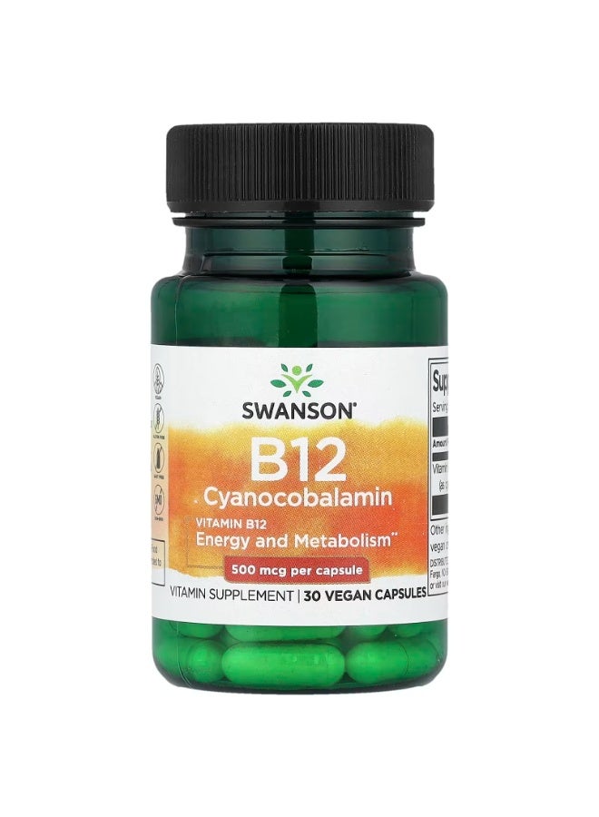 SWANSON Vitamin B12, 500 mcg, 30 Vegan Capsules - Image 1