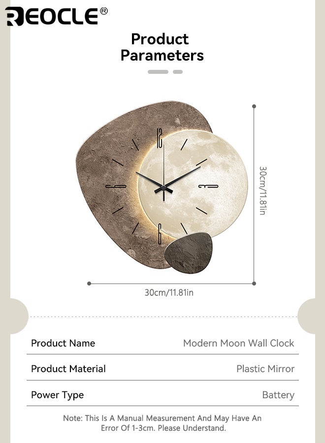 ريوكل ساعة حائط عصرية على شكل قمر بحركة كوارتز فائقة الهدوء وتصميم مسطح ثنائي الأبعاد - ساعة زخرفية صامتة بدون صوت تكتيك للغرفة المعيشة وغرفة النوم والمكتب - Image 3