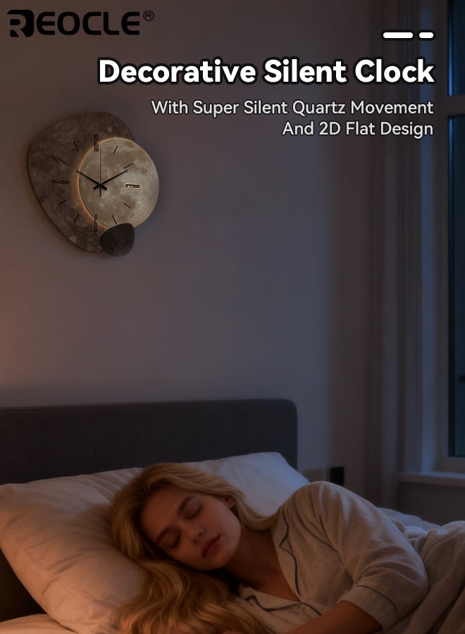 ريوكل ساعة حائط عصرية على شكل قمر بحركة كوارتز فائقة الهدوء وتصميم مسطح ثنائي الأبعاد - ساعة زخرفية صامتة بدون صوت تكتيك للغرفة المعيشة وغرفة النوم والمكتب - Image 5