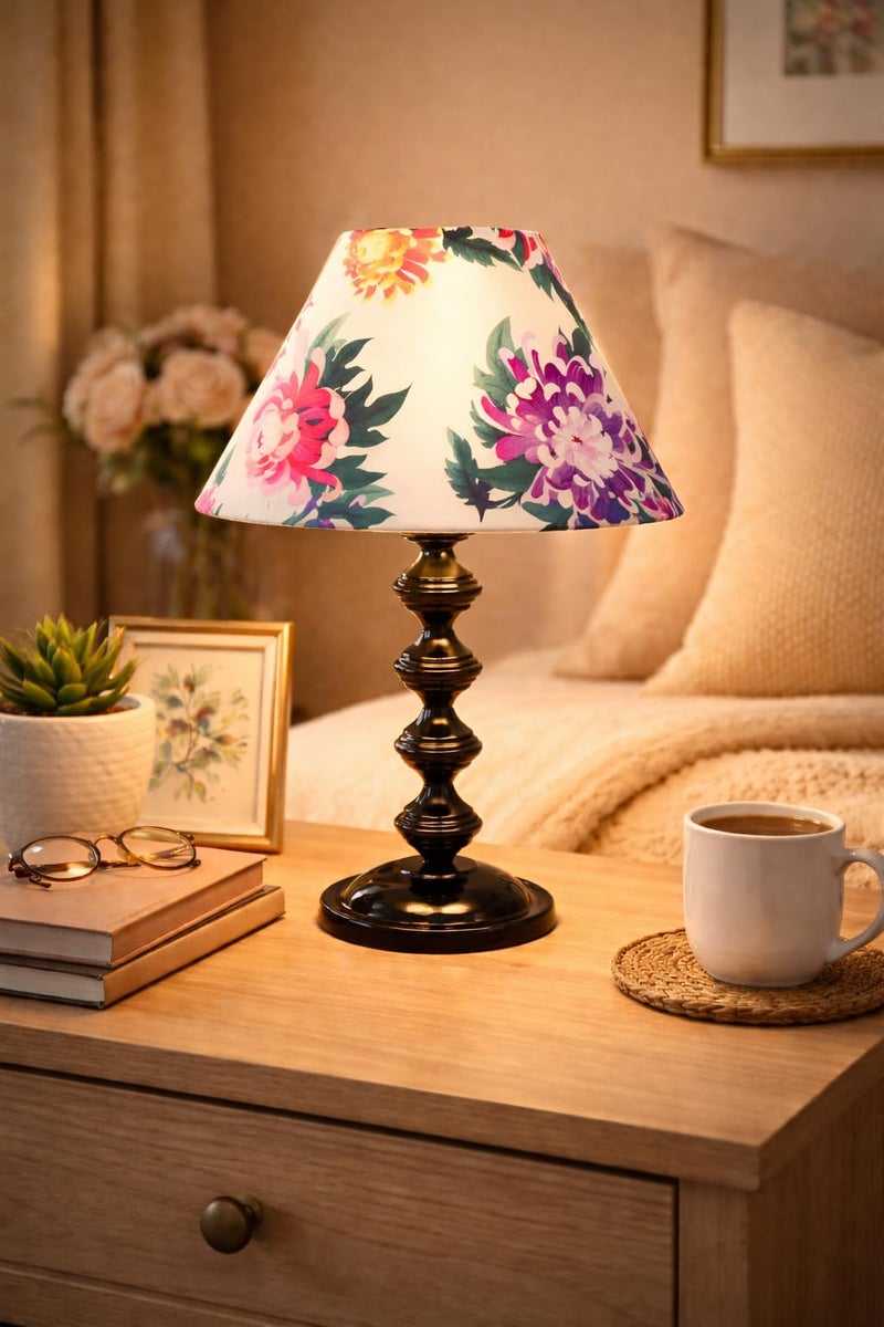 tu casa Halo Glow Black Metal Base Carnation Print with Satin Shade Table Lamp for Home Decoration Bedroom Living Room Lounge Office Festival Gifting Study Table H - 15" / No Blub - Image 1